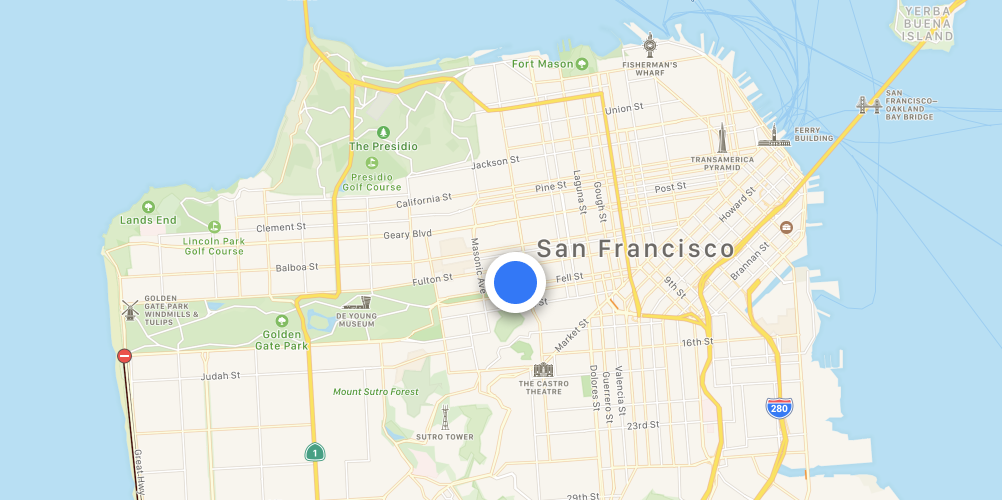 Map of San Francisco with blue location dot in the middle